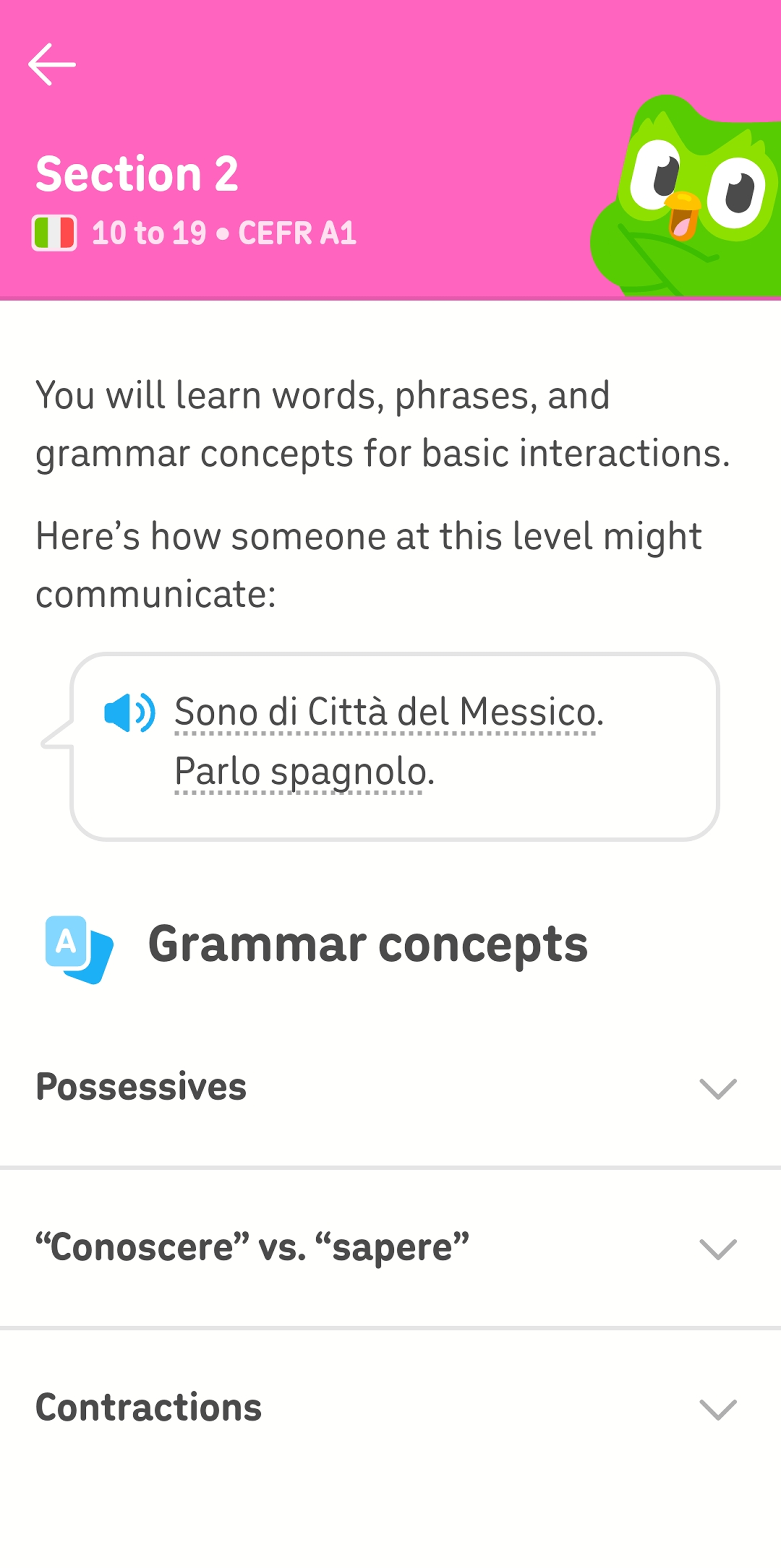 Screenshot of Section 2 explaining how the course content meets the CEFR A1 criteria