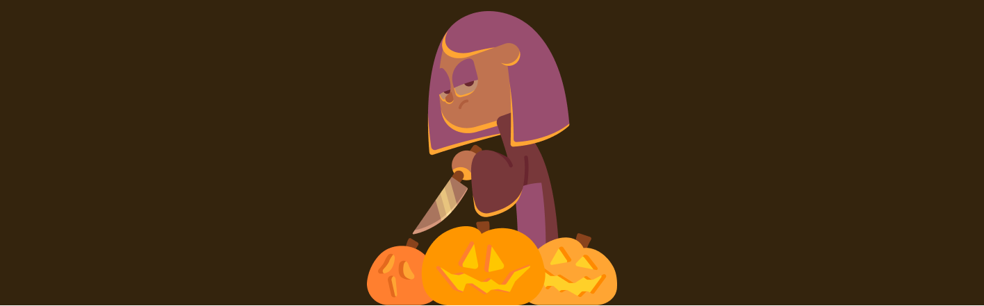 Illustration of Duolingo character Lily looking over he shoulder with a series expression. She is holding a knife in her hand and there are three jack-o’-lanterns at her feet.