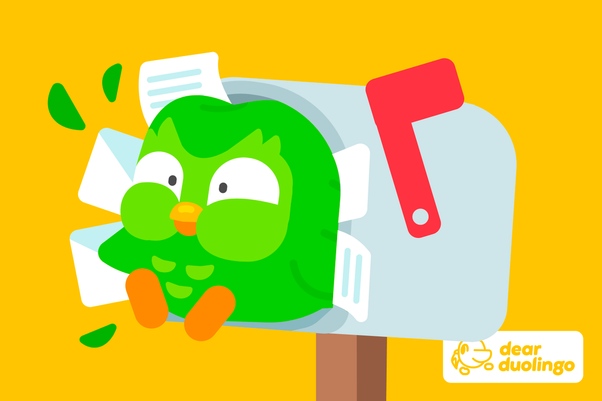 Illustration of Duo bursting from a mailbox filled with letters with the "Dear Duolingo" logo in the corner
