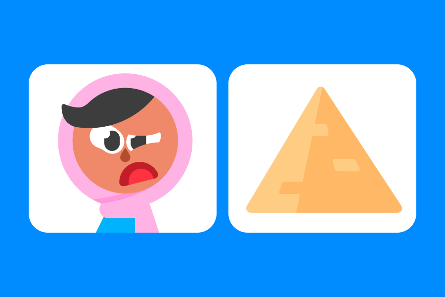 Two illustrations, one of Zari looking perplexed and the second of an Egyptian-style pyramid