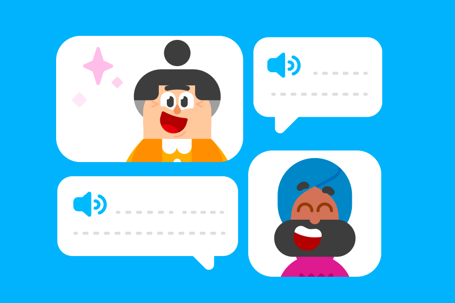 Illustration of Lucy looking excited next to a speech bubble and Vikram looking cheerful next to a speech bubble