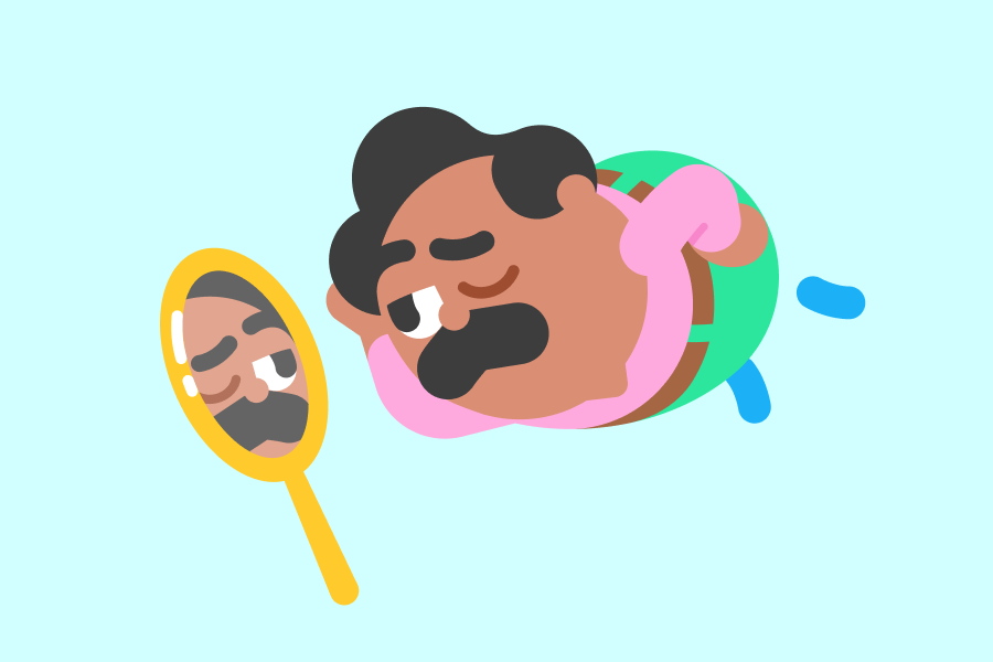 Illustration of Oscar floating in mid-air and staring at himself in a mirror