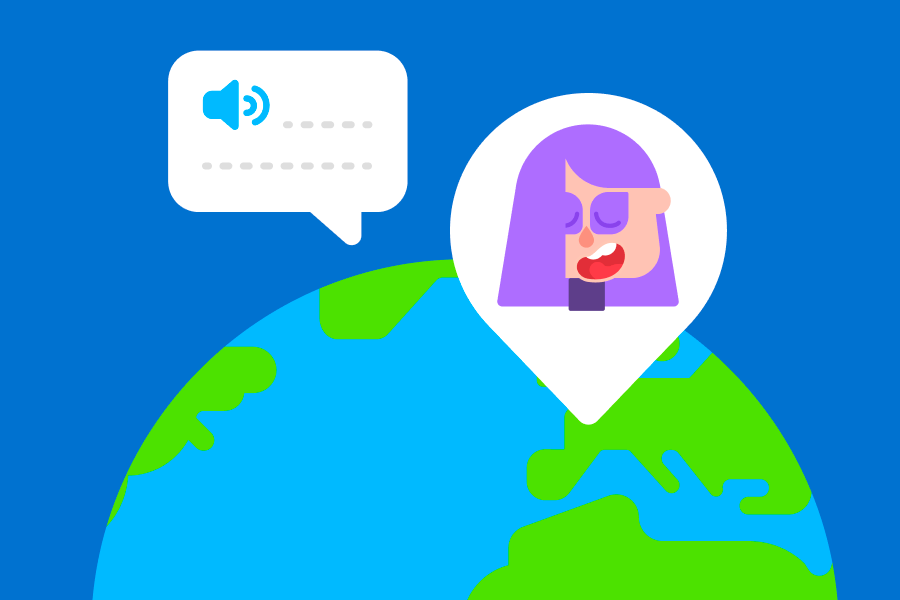 Illustration of a globe with an image of Lily and a speech bubble hovering over France