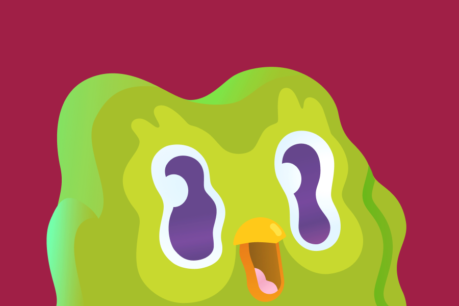Illustration of one of the Duolingo widget versions of Duo, where he is warped and wavy as though he is melting