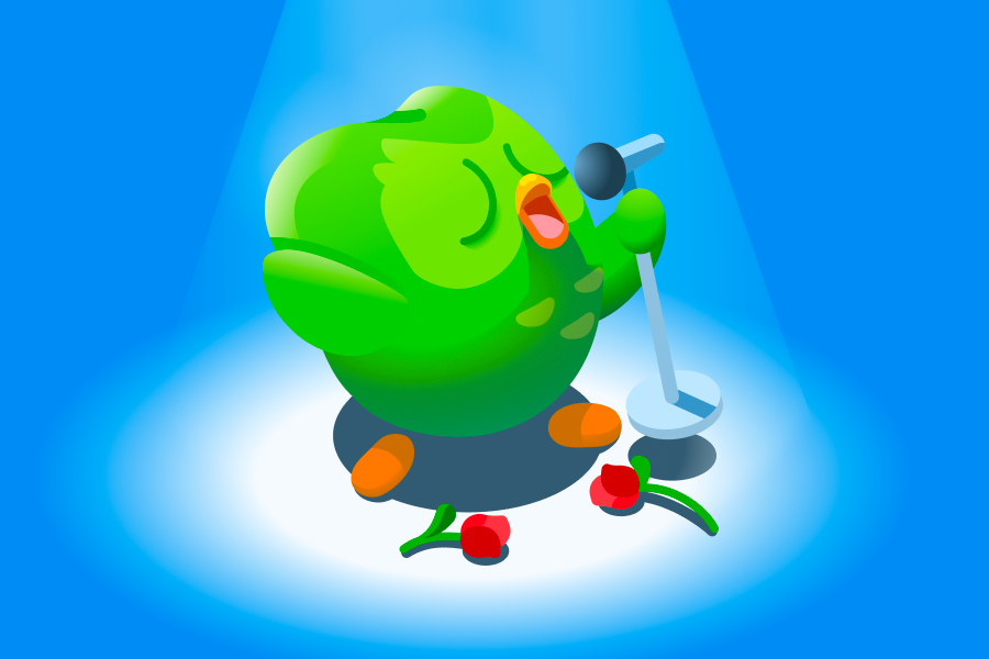 Illustration of Duo the owl singing earnestly into a microphone, with roses at his feet