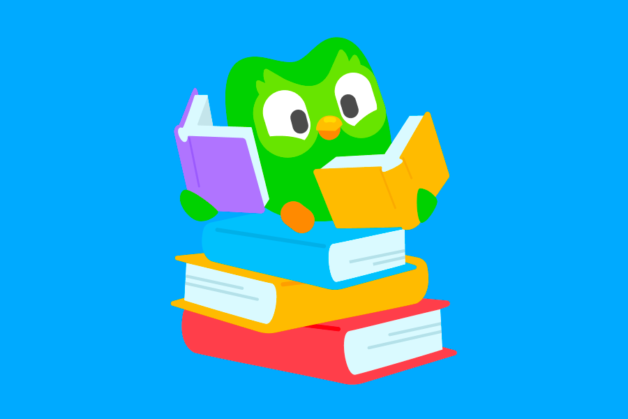 Illustration of Duo the owl, sitting on a pile of books, with a book open in each of his wings