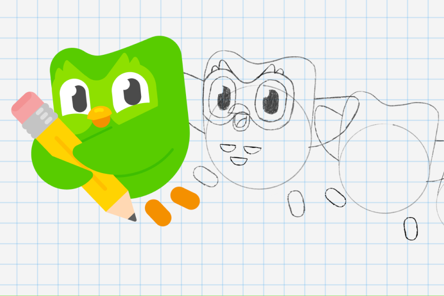 Von rechts nach links Bleistiftumrisse von Duo, eine Bleistifskizze und ein fertig gezeichneter grüner Duo mit einem Stift