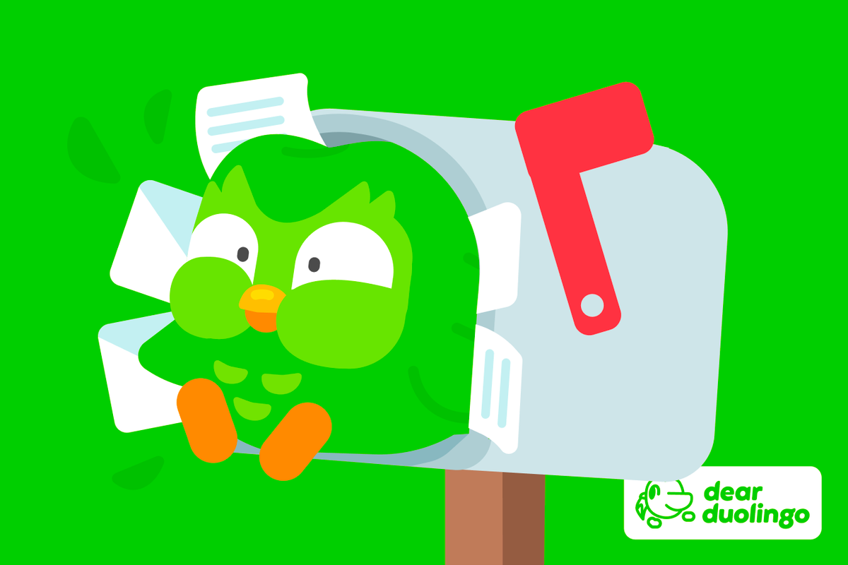 Illustration of Duo bursting from a mailbox filled with letters with the "Dear Duolingo" logo in the corner