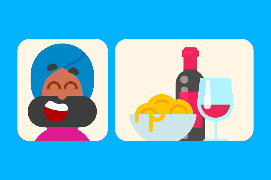 Abbildung eines lachenden Vikram, und rechts daneben ein Bild mit einer Schüssel Pasta, einer Flasche sowie einem Glas Wein