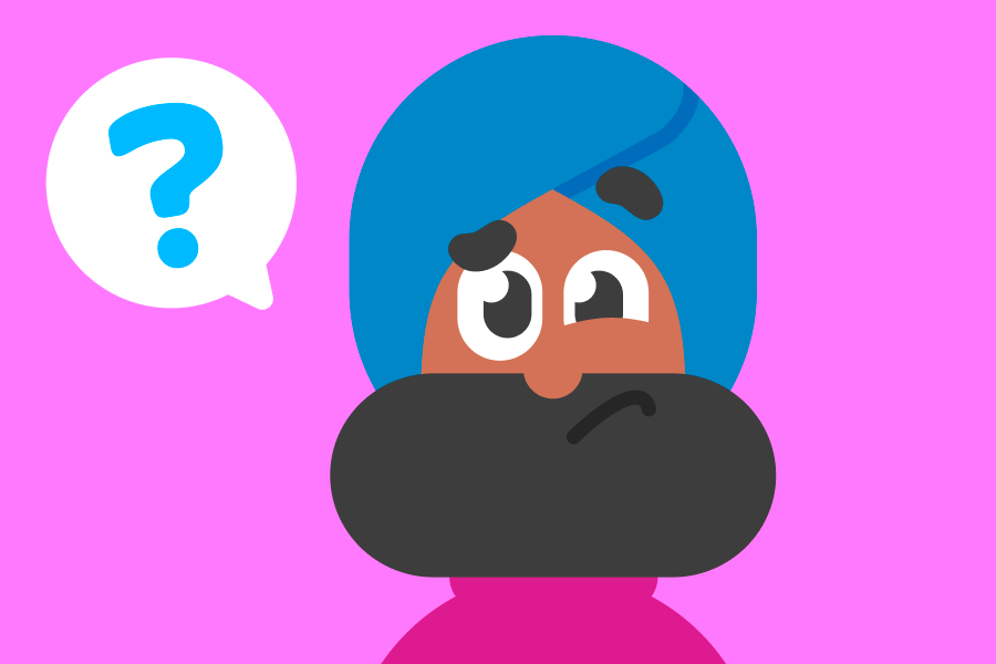 Ilustración de Vikram confundido, con un signo de pregunta sobre su cabeza