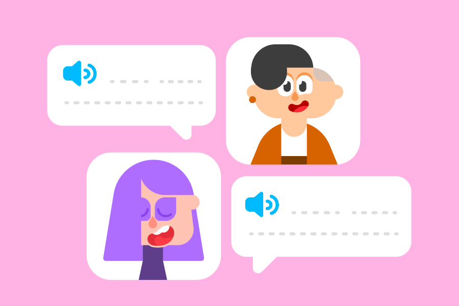Ilustración de una conversación entre Lin y Lily, cada una con burbujas de diálogo. Están sonriendo