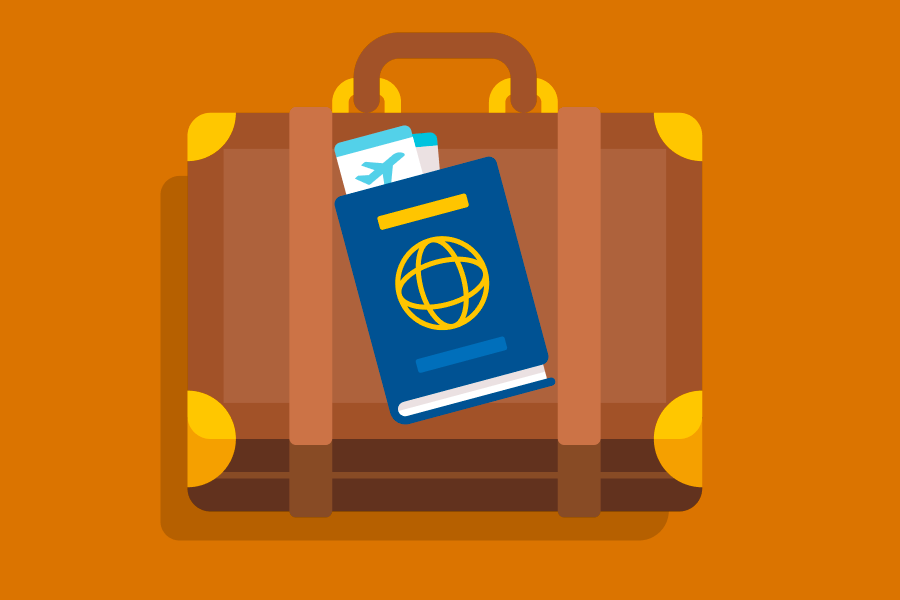 Ilustração de um passaporte e passagens de avião em cima de uma maleta de viagem.
