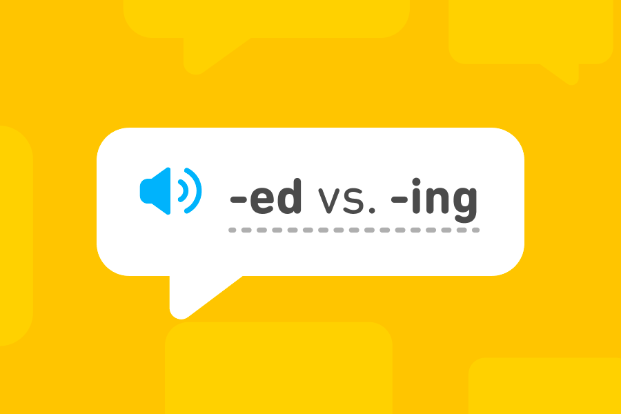 Abbildung einer Sprechblase mit den englischen Verbendungen „-ed“ und „-ing“