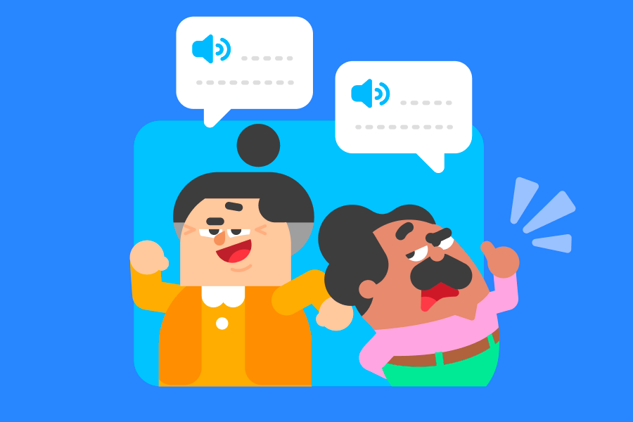 自信に満ちた表情で会話するルーシーとオスカーのイラスト。