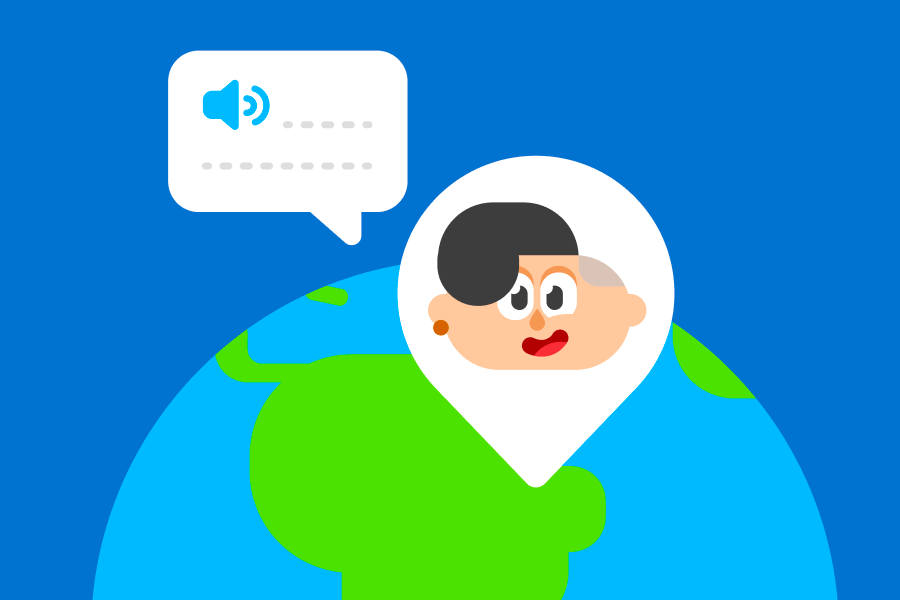 Abbildung der Erde mit Lins Kopf in einer Standortnadel, die über Brasilien steht. Neben Lin schwebt eine Sprechblase.