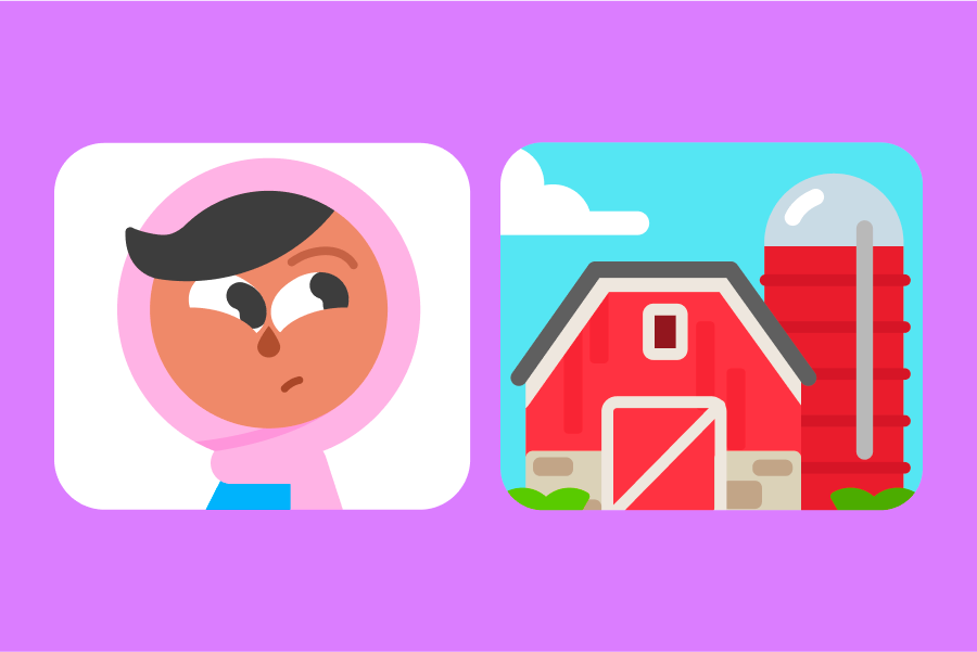 Zwei Abbildungen nebeneinander. Links ist Sari abgebildet und rechts eine rote Scheune mit Silo.