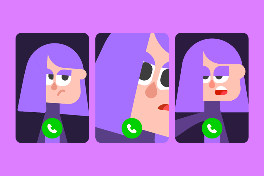 Three panels of a Video Call with Lily. She is annoyed and is waiting for you to click the green button to accept the call.