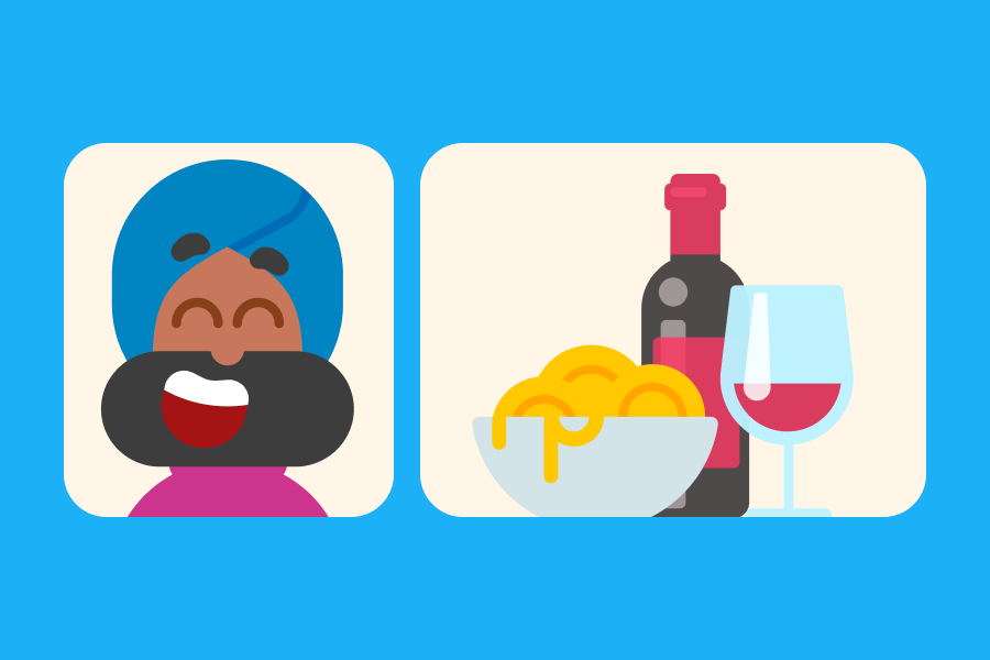 Ilustración de Vikram, emocionado junto una imagen de un plato de pasta, una botella y una copa de vino