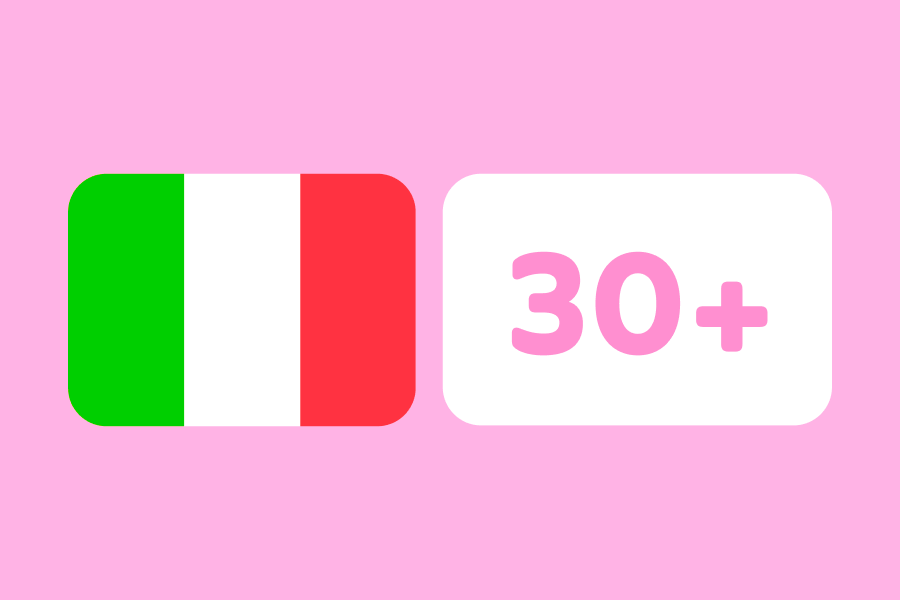Le drapeau italien sur un fond rose à côté d’un rectangle affichant le nombre 30 accompagné du signe +