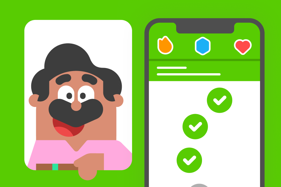 Ilustração do Óscar com uma expressão animada ao lado de uma tela de celular mostrando a trilha de aprendizado do Duolingo.