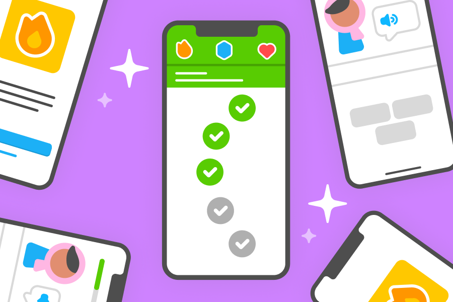 Various Duolingo screens on multiple devices on a purple background.