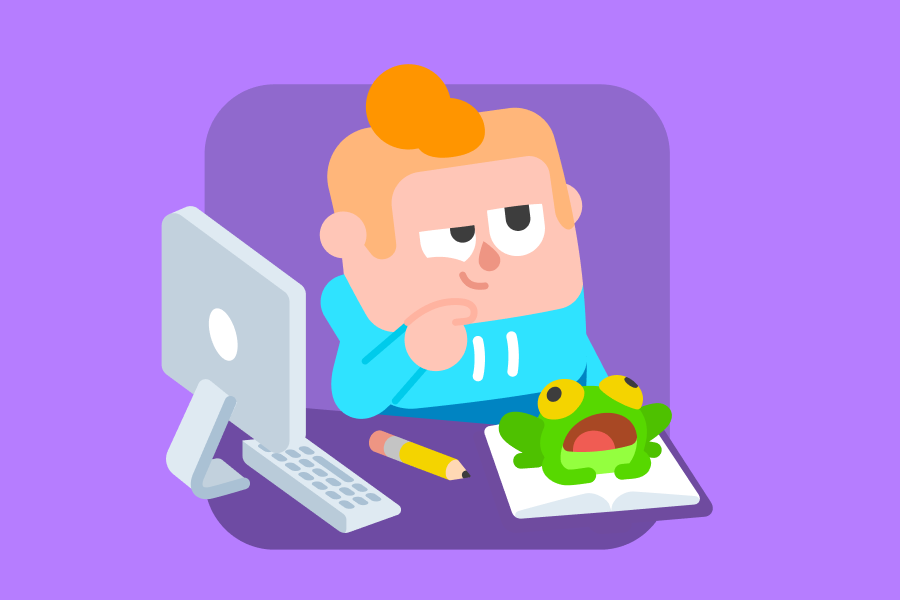 Junior looking thoughtful at his desk with a computer, pencil, and a frog sitting on his open notebook.