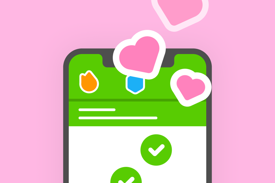 Ilustração de uma captura de tela da trilha do Duolingo com corações rosa saindo dela.