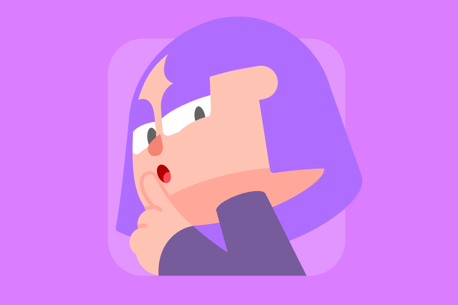Duolingo-Charakter Lilli hält neugierig oder überrascht den Finger vor ihren leicht geöffneten Mund.
