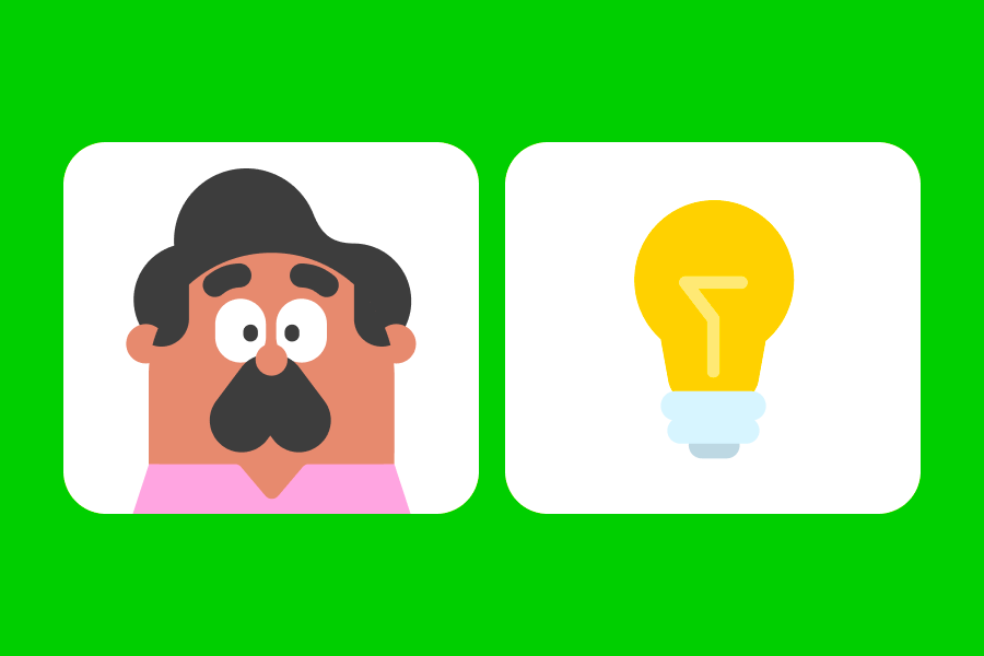 左側にぽかんとした表情のオスカー、右側に電球のイラスト。