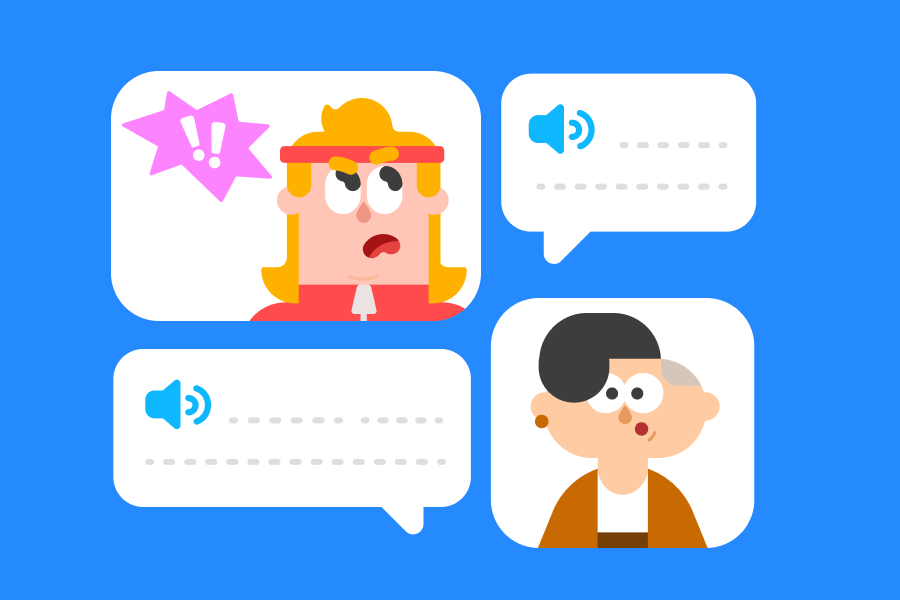 Duolingo characters Eddy, looking confused, and Lin, looking surprised, are next to two speech bubbles against a blue background.