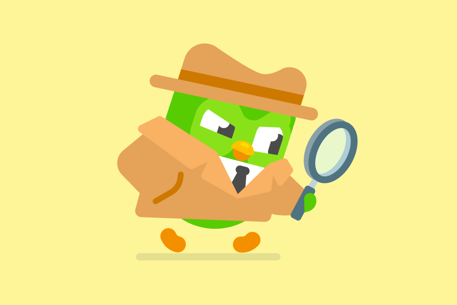 Duo the owl, dressed as a detective in a brown hat and trench coat, is studying the ground with a magnifying glass.