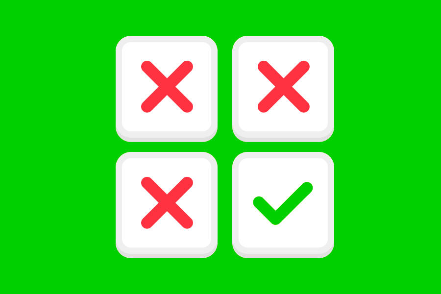 Tabela de 2 por 2 quadrados com dois X vermelhos na linha de cima, e um X vermelho e um visto verde na linha de baixo.