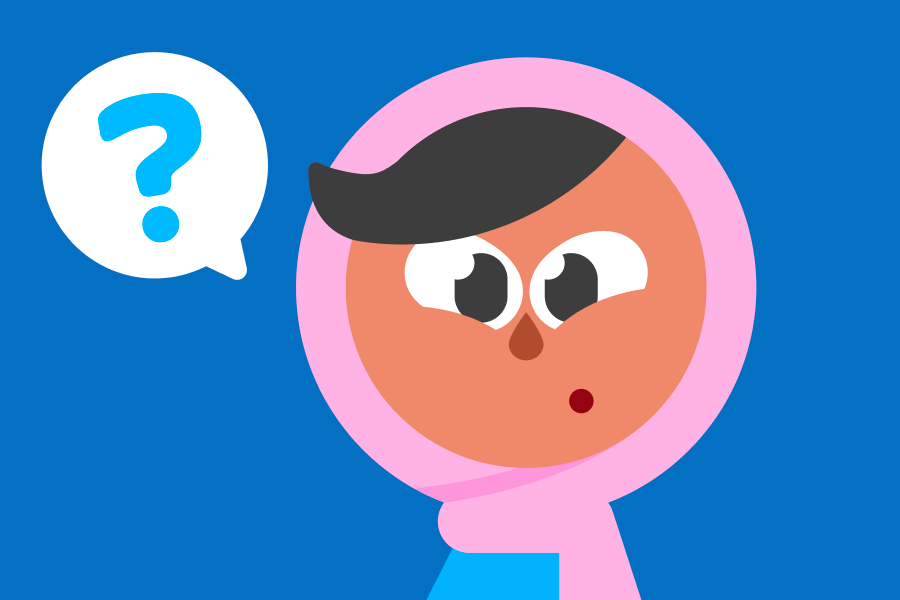 Imagen de Zari perpleja con un fondo azul. Sobre su cabeza flota un globo de diálogo con un signo de pregunta.