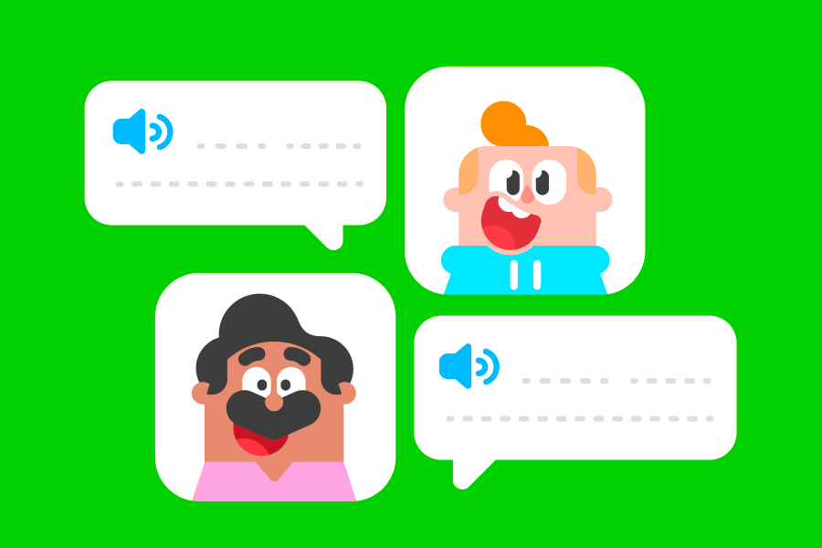 Illustration of two speech bubbles and Duolingo characters Junior and Oscar with friendly expressions