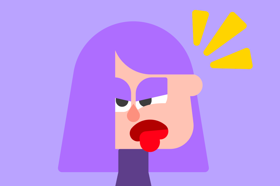 Duolingo character Lily sticking out her tongue and looking discontent