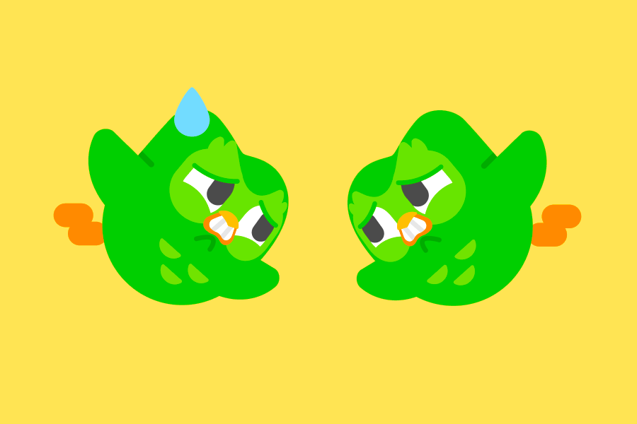 Illustration of one Duo the owl facing another Duo the owl, both looking uneasy, one with a drop of sweat on his forehead