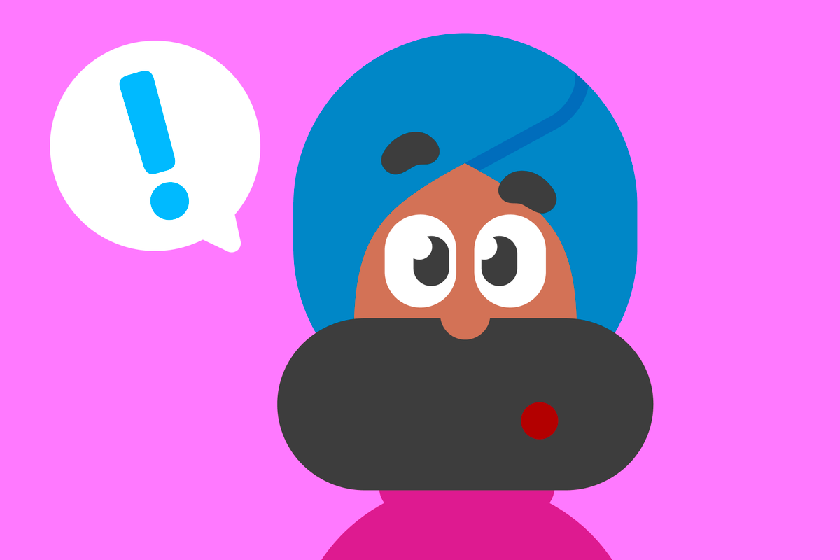 Ilustración del personaje de Duolingo Vikram, sorprendido con un signo de exclamación junto a su cabeza