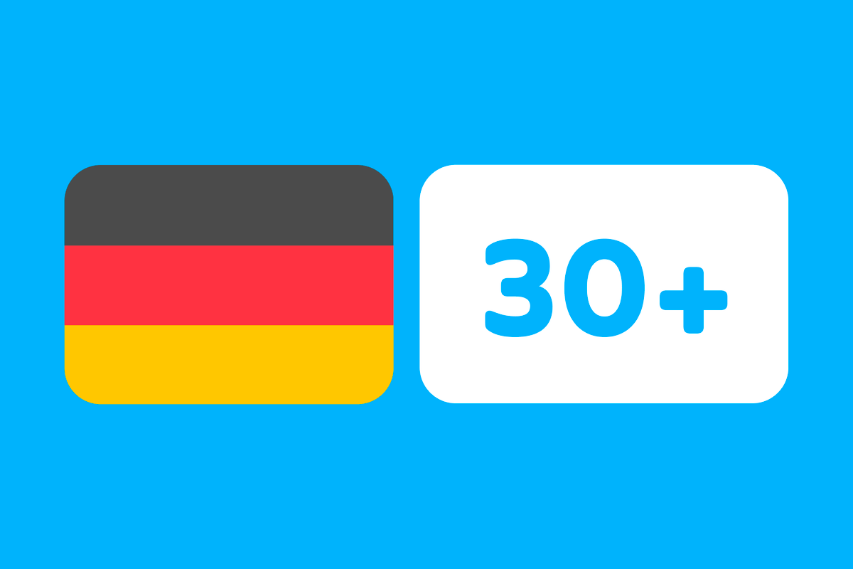 Illustration of the German flag next to a box with the number "30" followed by a plus sign