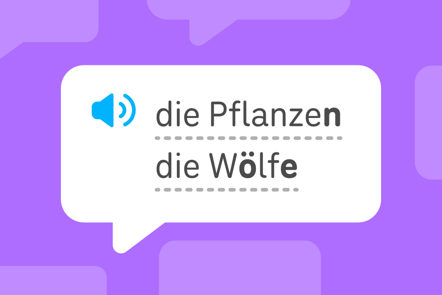 말풍선 안에 독일어 복수 명사 “die Pflanzen”과 “die Wölfe”가 써 있다.