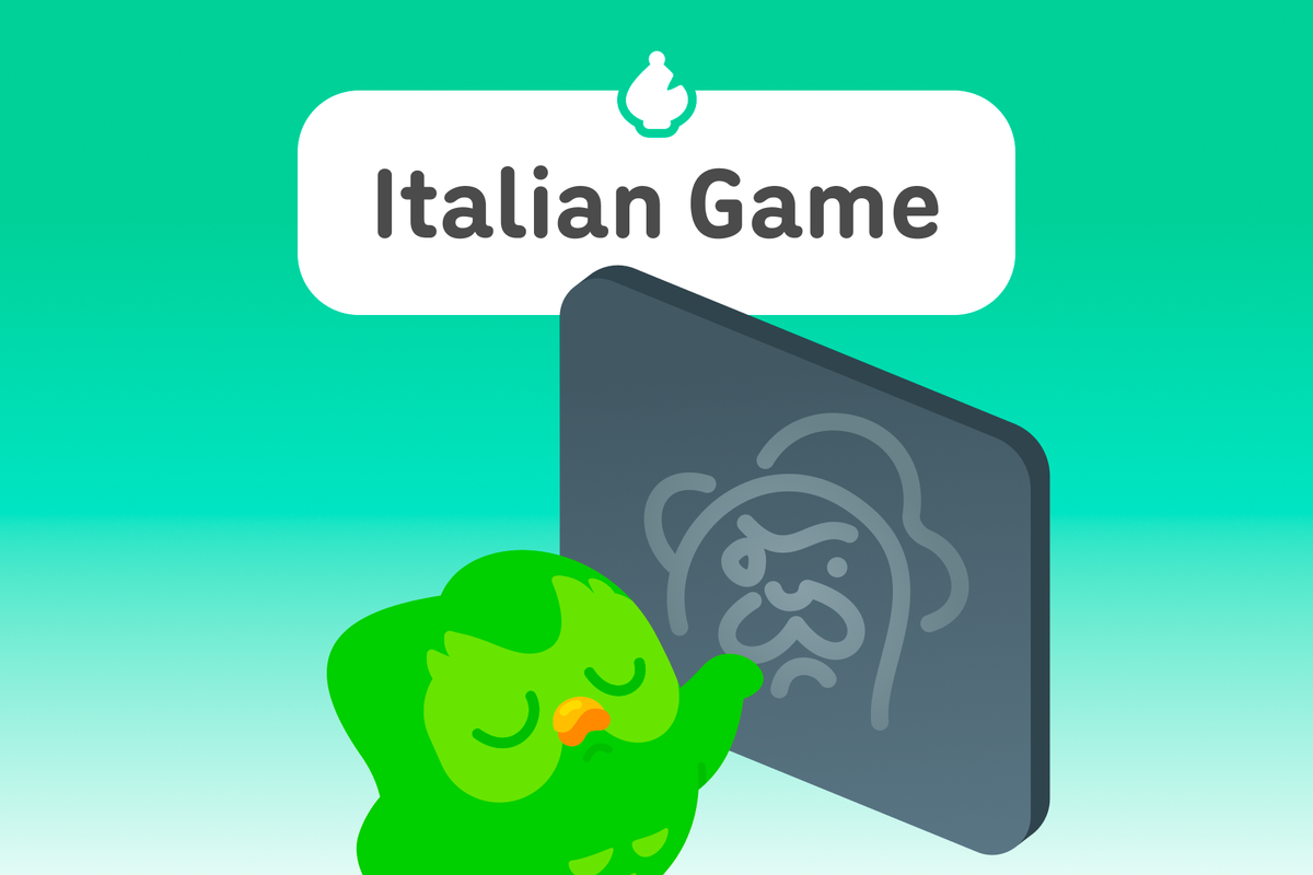 Illustration of Duo the owl pointing at a blackboard. The title above is “Italian Game.”