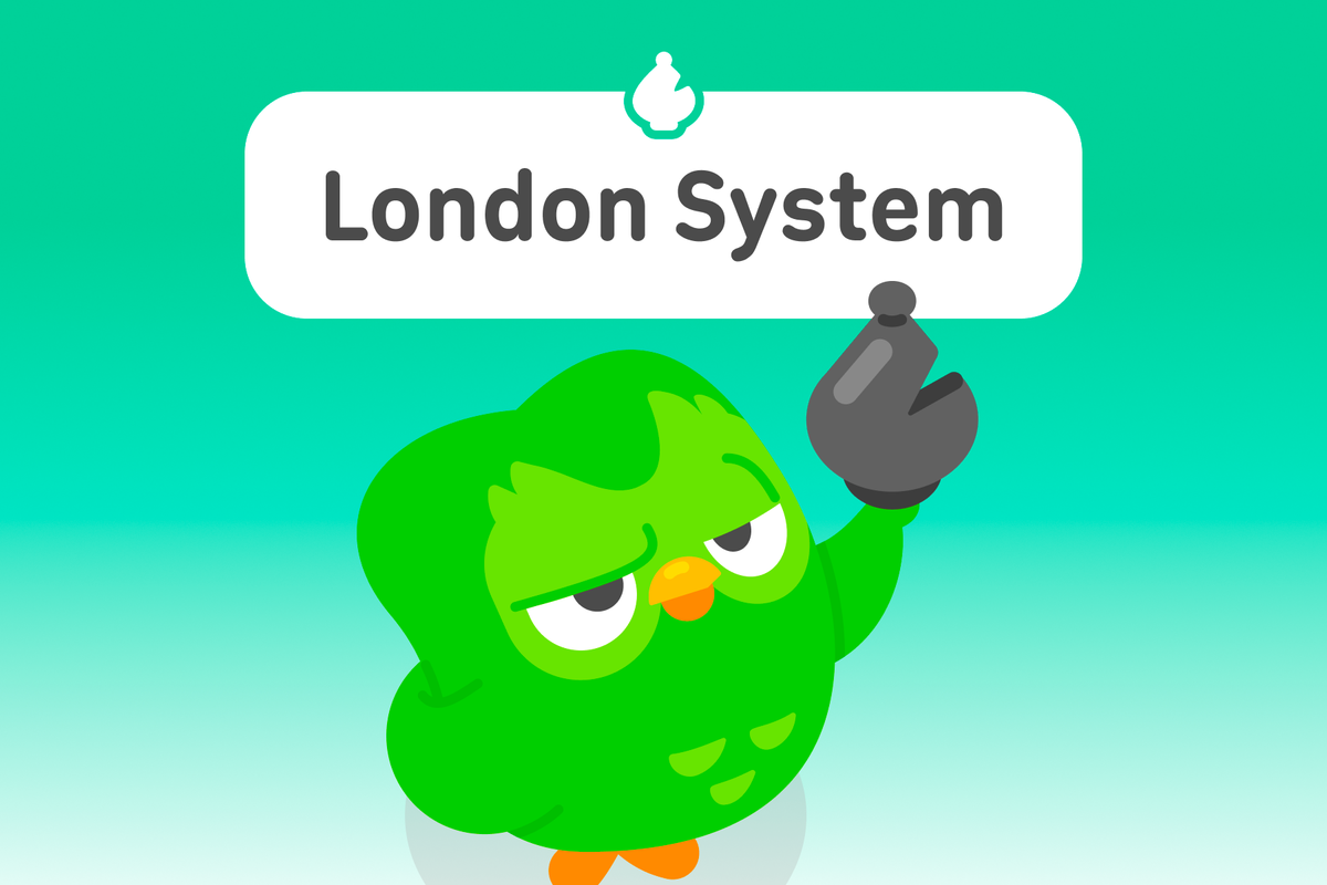 Illustration of Duo the owl triumphantly holding up a bishop chess piece. The title above is “London System.”