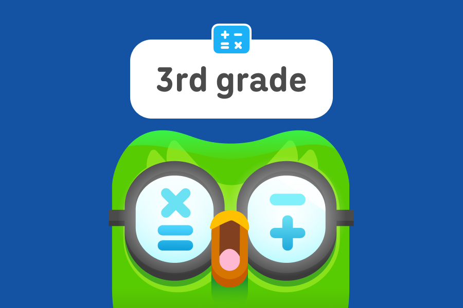 Illustration of Duo the owl, beak open in awe, wearing glasses with math operating symbols reflected in them.