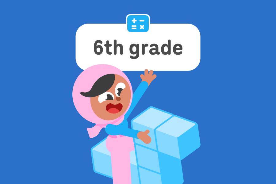 Duolingo character Zari sitting atop light blue cubes that resemble the shape of a horse.