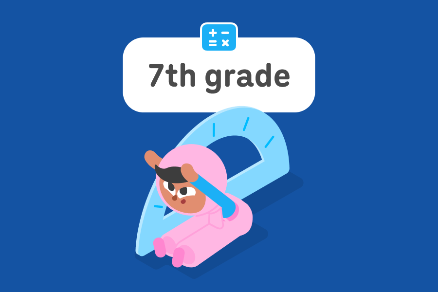 Duolingo character Zari sitting beside a giant protractor, leaning forward with her arms above her head, mimicking an angle.