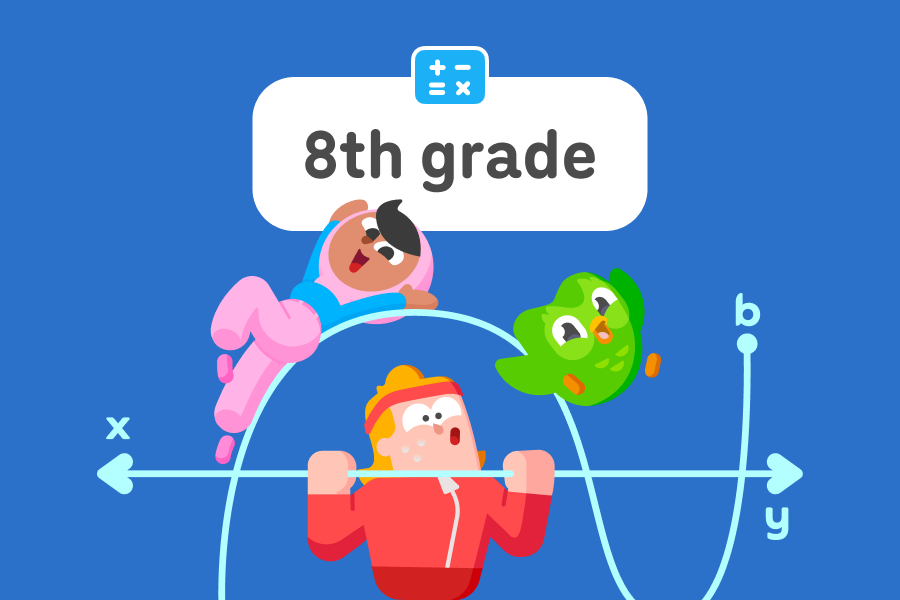 Duo the owl and Duolingo characters Zari and Eddy playing on a plane curve and horizontal axis as if at a playground.