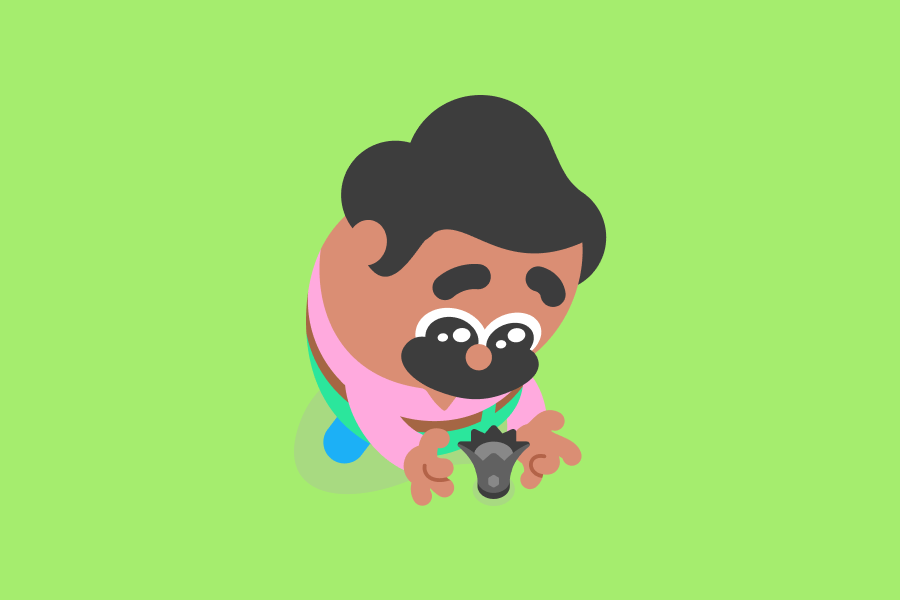 Illustration of Duolingo character Oscar bending down to pick up a queen chess piece with both hands.