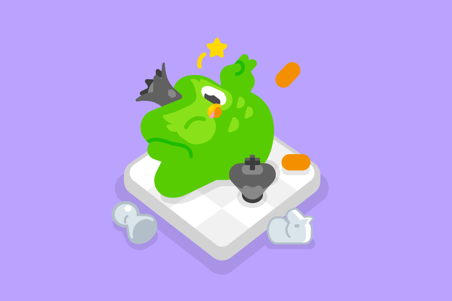 Illustration of Duo the owl wearing a queen chess piece on his head and lying across a chess board while winking.