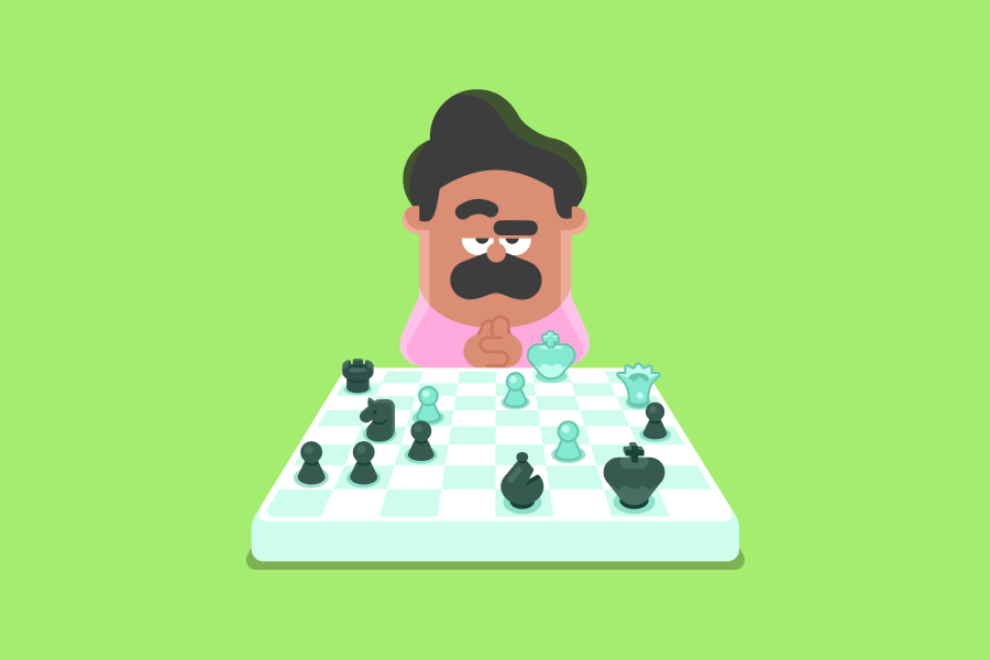 Duolingo-Charakter Oscar sitzt mit ernstem Gesichtsausdruck und gehobener Augenbraue vor einem Schachbrett.