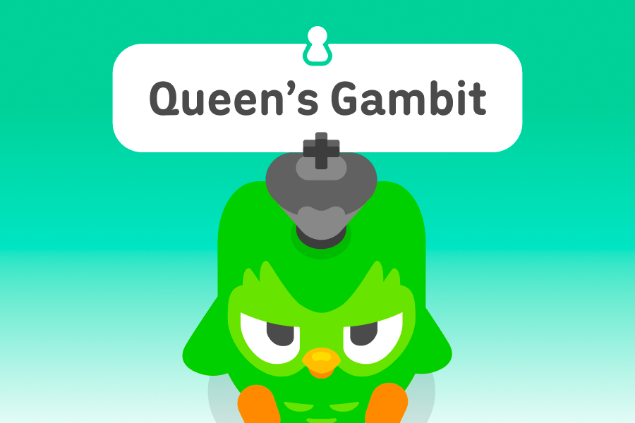 Illustration of Duo the owl with a king chess piece on his head. The title above is “Queen’s Gambit.”