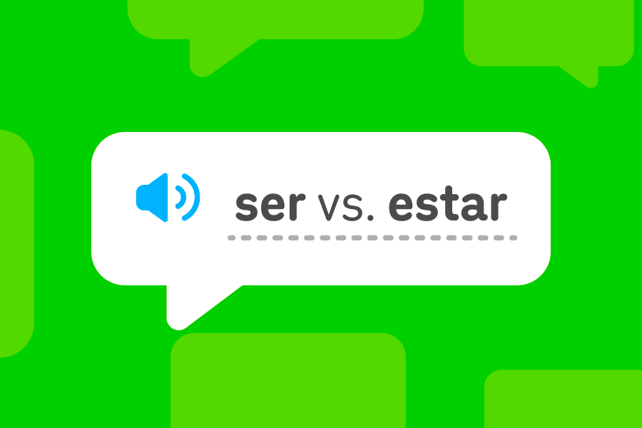 Illustration of a speech bubble with the phrase “ser versus estar” inside it.